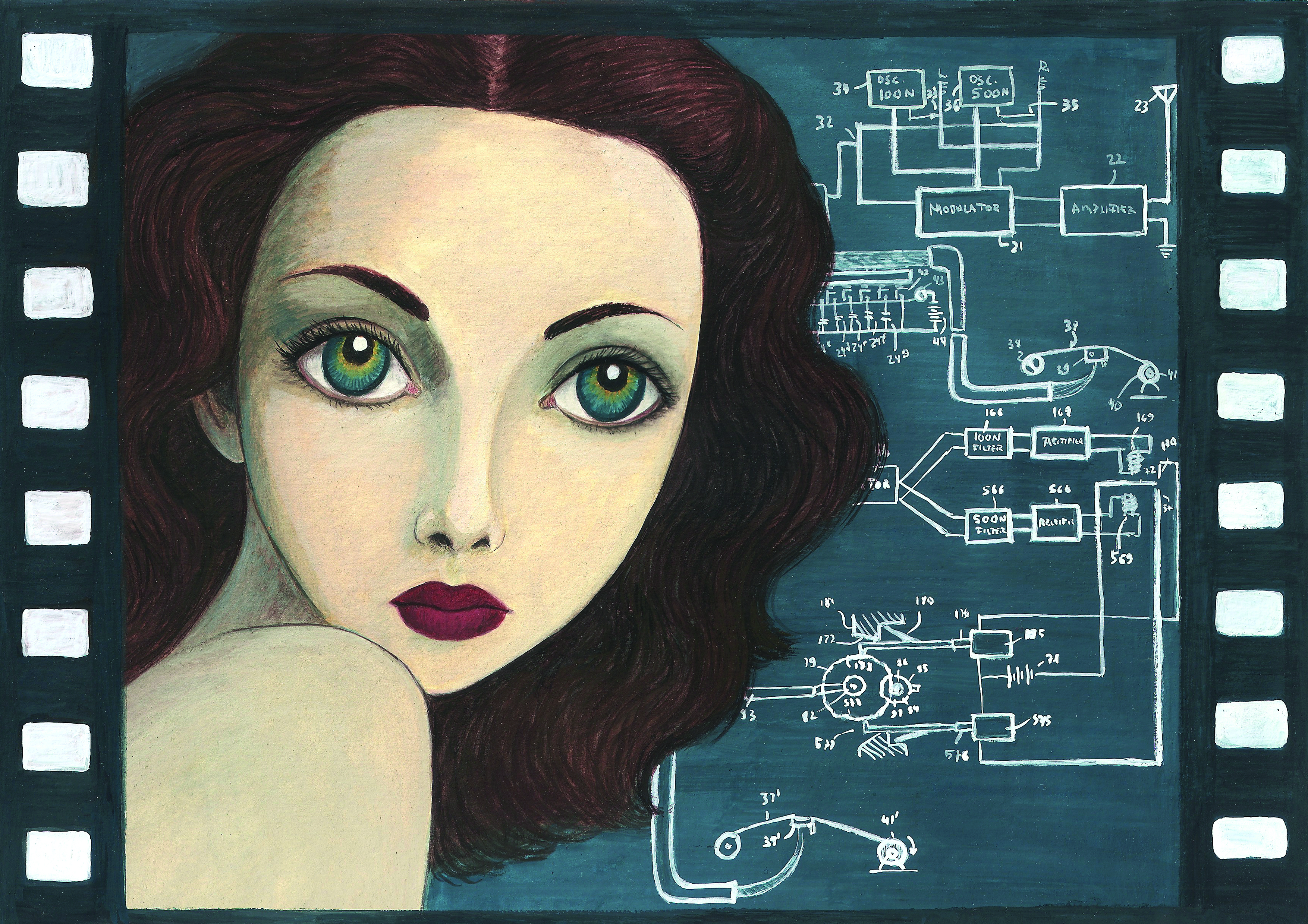 Ilustración de Hedy Lamarr, cortesía d'Isabel Ruiz Ruiz, publicada nel llibru Mujeres, nº 2