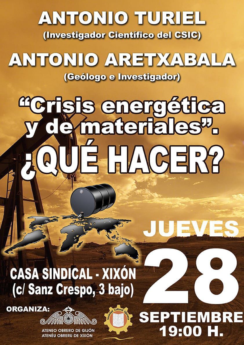 Conferencia crisis energética Xixón con Antonio Turie y Antonio Aretxabala